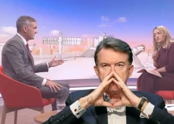 Peter Mandelson imposed over an image of Laura Kuenssberg interviewing Peter Kyle