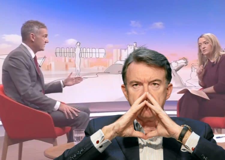 Peter Mandelson imposed over an image of Laura Kuenssberg interviewing Peter Kyle