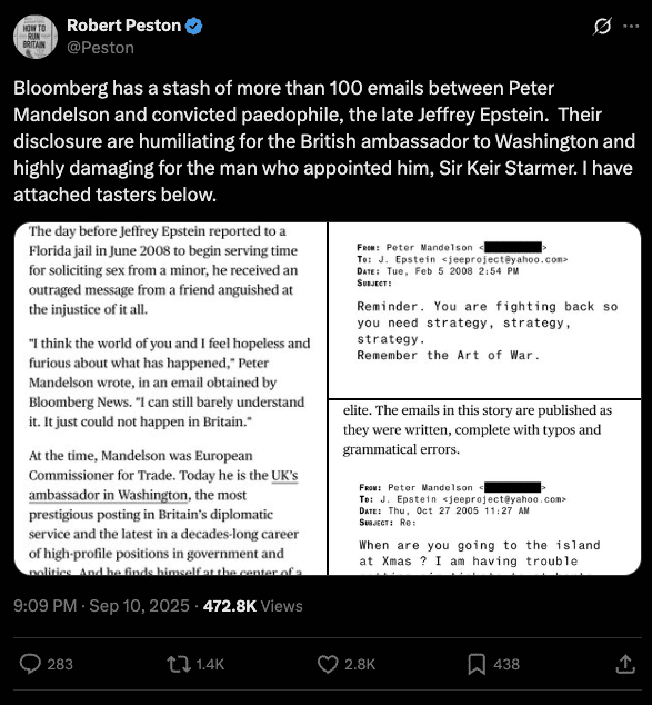 Robert Peston tweet highlighting some of the emails from Mandelson to Epstein