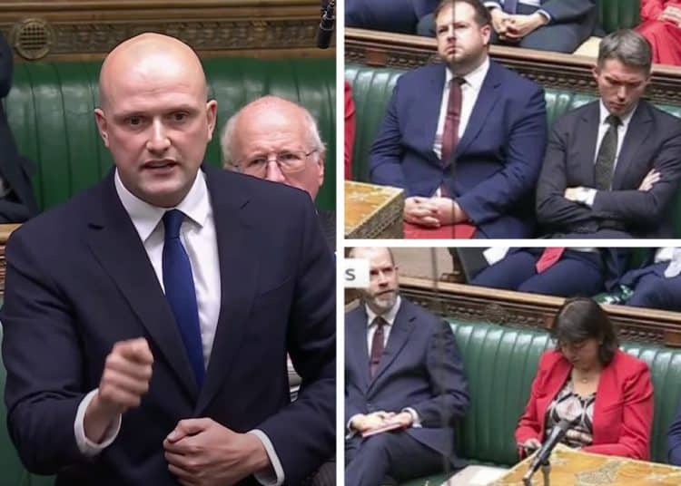 Stephen Flynn on one side and a glum looking Labour front bench absent Starmer on the other