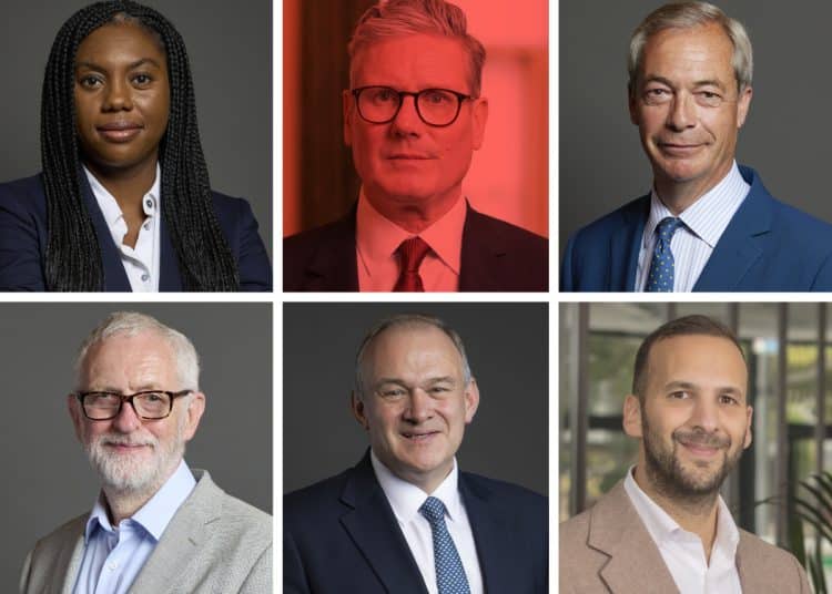 Images of Kemi Badenoch, Keir Starmer, Nigel Farage, Jeremy Corbyn, Ed Davey, and Zack Polanski - Keir Starmer's face has a red filter over it Digital ID