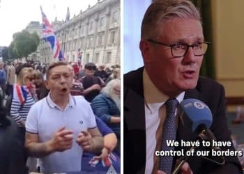 The marcher who called for Starmer to be shot and a still of Keir Starmer saying 'we have to have control of our borders' Unite the Kingdom