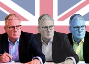 Three images of Keir Starmer, with them alternatively red, white, and blue hued