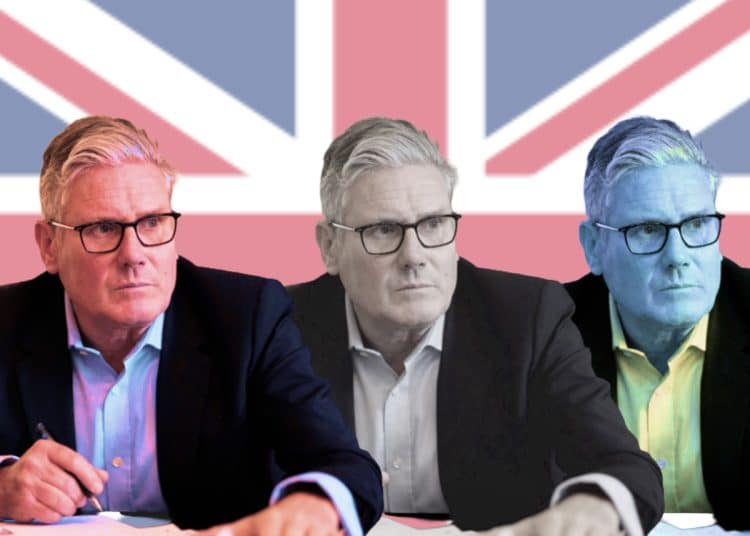 Three images of Keir Starmer, with them alternatively red, white, and blue hued