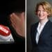 Tory MP Katie Lam and a hand smashing a red button with the word 'racism' on it