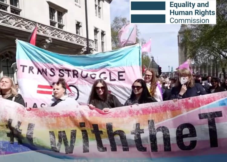 Trans rights protesters and the EHRC logo
