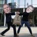 Two men in masks of Keir Starmer and Mark Zuckerberg fighting over a sack with a pound sign on it Trump