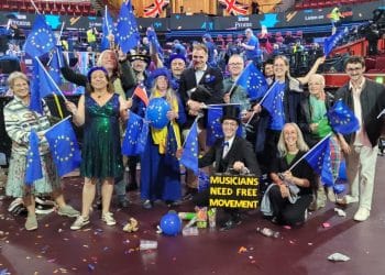 Thank EU for the Music campaigners at the Last Night of the Proms waving EU flags and holding a placard which reads: "Musicians need free movement" Last Night of the Proms
