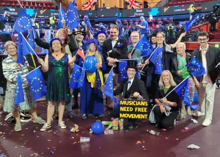 Thank EU for the Music campaigners at the Last Night of the Proms waving EU flags and holding a placard which reads: "Musicians need free movement" Last Night of the Proms