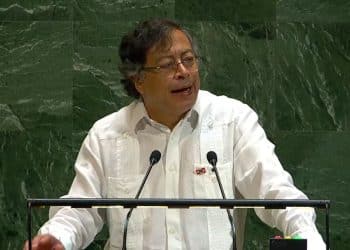Colombian president Gustavo Petro speaking at the UN General Assembly podium.