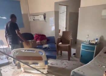Aftermath of Israeli bombing inside Al-Helou Hospital.