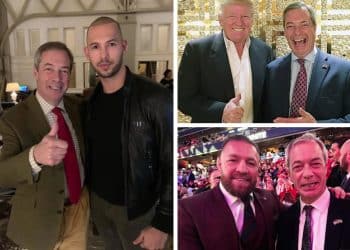Nigel Farage posing with the famous rapists Donald Trump, Connor McGreggor, and also Andrew Tate