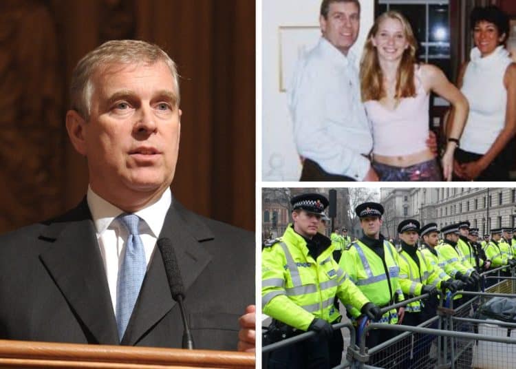 Prince Andrew in recent years, Prince Andrew with his alleged underage victim, and a row of police officers