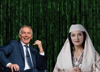 Tony Blair, Diella the AI minister, and a Matrix background