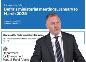 Steve Reed superimposed over a screenshot of the Defra ministerial meetings, January to March 2025 header, and the Defra logo.