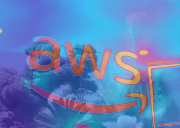 Amazon Web Services logo in heatmap design with Israel bombing Gaza in the background.