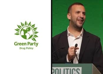 Zack Polanski and the Green Party drug policy logo
