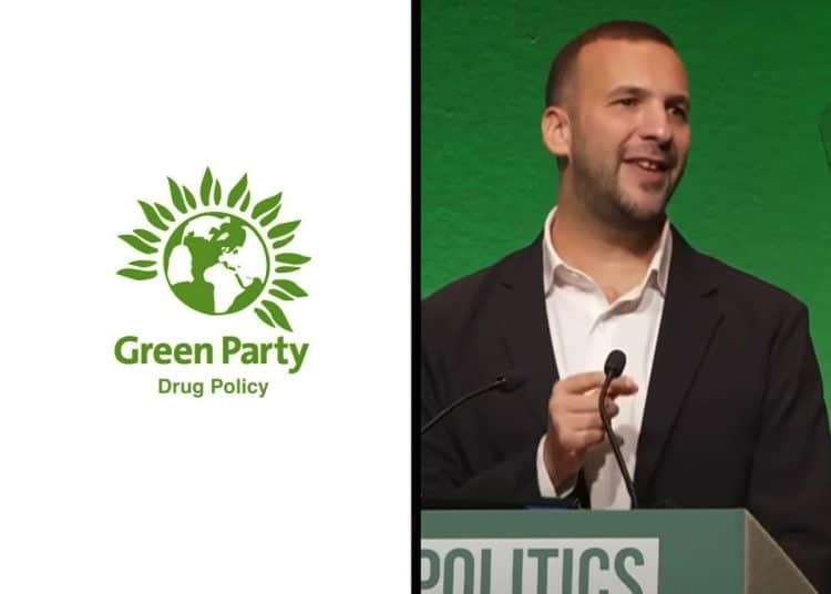 Zack Polanski and the Green Party drug policy logo