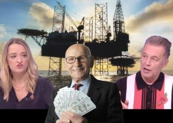 Chris Packham and Laura Kuenssberg talking, an oil field, and an old man holding cash