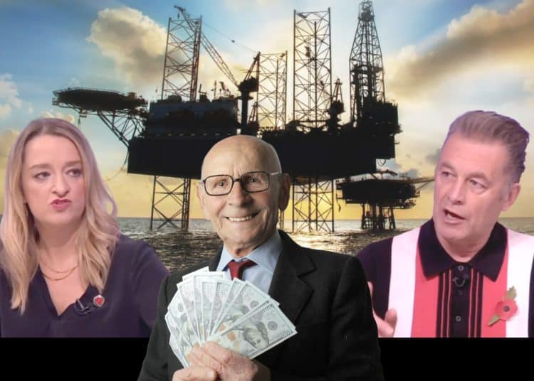 Chris Packham and Laura Kuenssberg talking, an oil field, and an old man holding cash