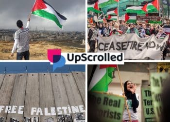 Images of Palestinian liberation and the UpScrolled logo