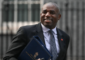 David Lammy smiles clutching a briefcase or folder at his chest in Downing Street