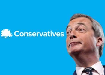 Nigel Farage and the Conservativwes logo