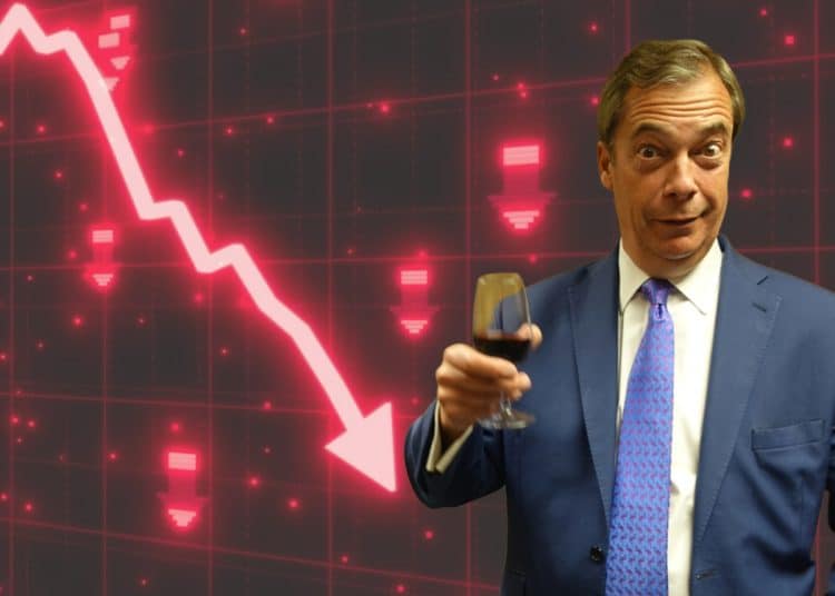 Nigel Farage drinking sherry in front of a big red line pointing down