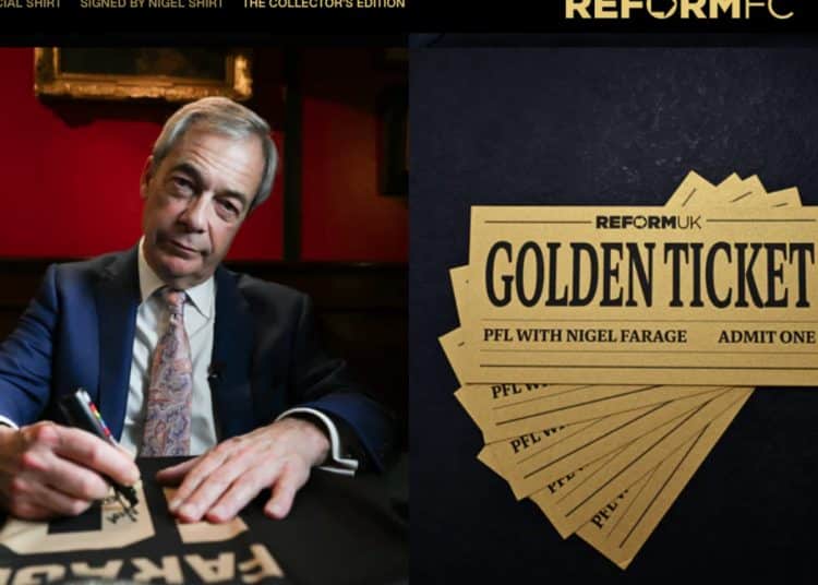 Nigel Farage signing a Reform FC shirt