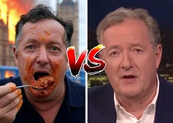 Normal Piers Morgan and AI Piers Morgan eating beans