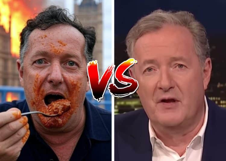 Normal Piers Morgan and AI Piers Morgan eating beans