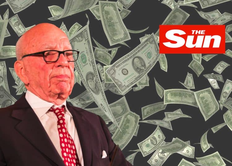 Rupert Murdoch, the Sun logo, and cash falling from the sky