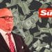 Rupert Murdoch, the Sun logo, and cash falling from the sky