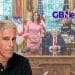 Trump, a GB News reporter, the GB News logo, and Jeffrey Epstein