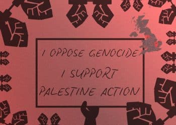 Black and red grainy design of raised fists in handcuffs surrounding a hand holding a placard reading "I oppose genocide. I support Palestine Action". A grey map of the UK with red location markers is in the top right corner.