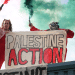 Palestine Action activists stand holding a 'Palestine Action' banner and holding coloured smoke flares in their free hands