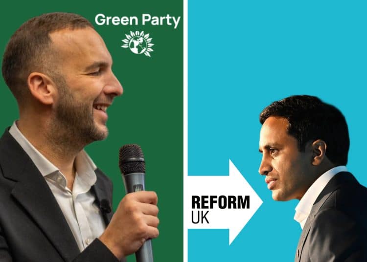 Zack Polanski against a green background and Zia Yusuf against a Reform blue background face one another in this graphic