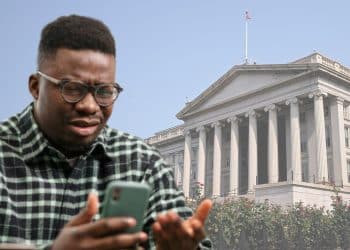 A confused man looking at his phone and the US Treasury Department, recession