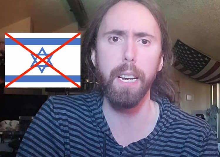 Asmongold and an Israel flag with a red cross through it