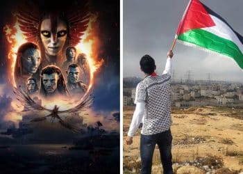 Avatar 3 poster and a Palestinian waving a Palestine flag James Cameron