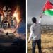 Avatar 3 poster and a Palestinian waving a Palestine flag James Cameron