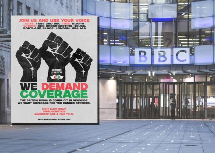 BBC Portland Place and a Prisoners for Palestine flyer