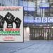 BBC Portland Place and a Prisoners for Palestine flyer