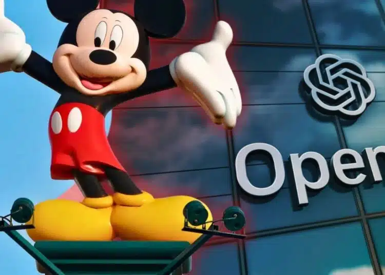 Image of Mickey Mouse in front of a building with OpenAI logo on it