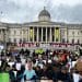 People sitting in Trafalgar Square holding placards. A banner in front of the National Gallery says Lift the Ban Drop the Charges