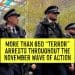 A photo of police officers with a text box saying More than 650 "terror" arrests throughout the November wave of action