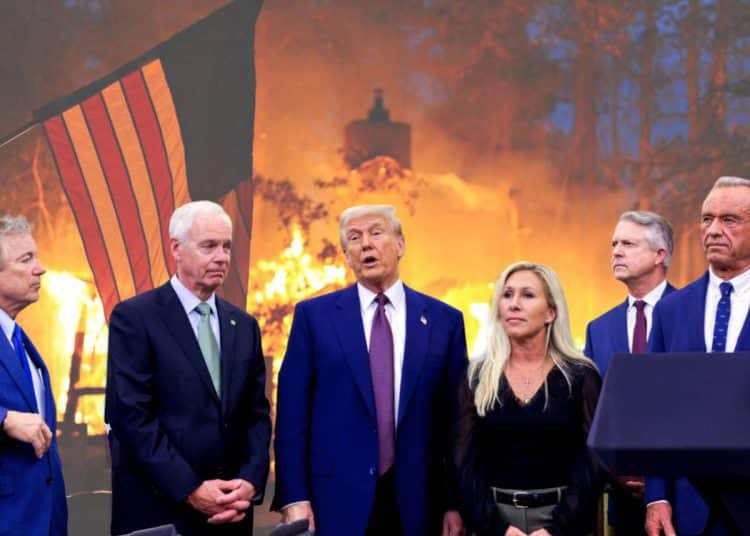 Donald Trump, Marjorie Taylor Greene, other politicians, and fire in front of a flag