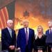 Donald Trump, Marjorie Taylor Greene, other politicians, and fire in front of a flag