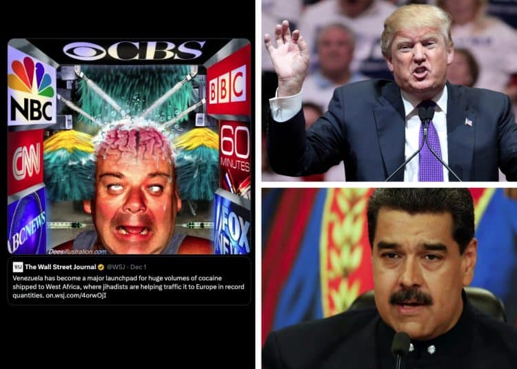 Donald Trump, Nichola Maduro, a tweet from the Wall Street Journal, and a meme of a man having his brain washed by the mainstream news