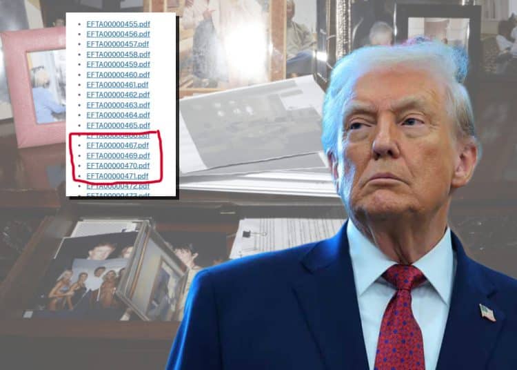Donald Trump, an image from the Epstein links, and a list of redacted files